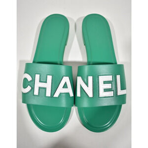 Chanel 23P Green White Leather CC Logo Letter Mules Slide Slip Sandal Flat 38.5